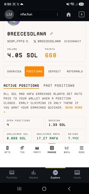 A mobile screenshot of the @REECESOLANA portfolio on the nfw.fun platform, showing a volume of 4.05 SOL and 668 points, with 4 open positions and 1.33 SOL in backing.