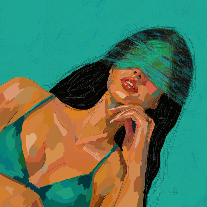 A stylized digital painting/illustration of a woman with long dark hair covering her eyes, wearing a teal top, set against a turquoise background.