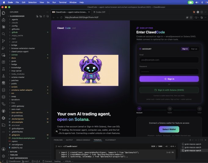 A screenshot of the ClawdCode website showing a purple mascot, the tagline 'Your own AI trading agent, open on Solana,' and a sign-up form, displayed within a code editor.