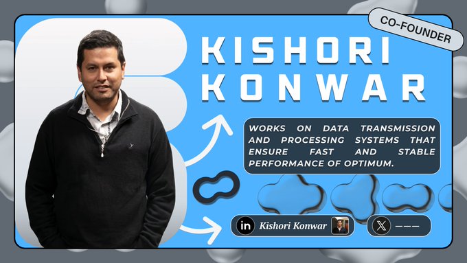 The image features a man wearing a black sweater standing against a blue background with white text. The text reads "Kishori Konwar" followed by "Co-Founder", which indicates that he is the founder of the company. The image also includes a logo for Optimum, suggesting that they are discussing or promoting blockchain technology.