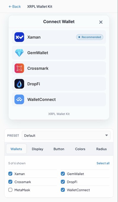 XRPL Wallet Kit interface showing a "Connect Wallet" modal with options for Xaman (Recommended), GemWallet, Crossmark, DropFi, and WalletConnect, along with a configuration panel below showing wallet selection settings.