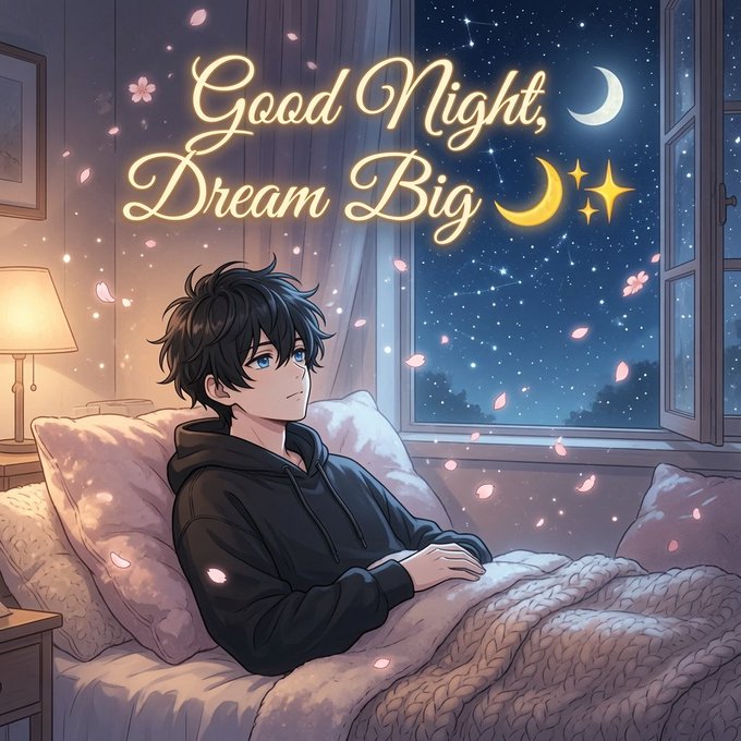 Anime-style illustration of a dark-haired boy lying in bed looking out a window at a starry night, with glowing text reading 'Good Night, Dream Big' beside a crescent moon.
