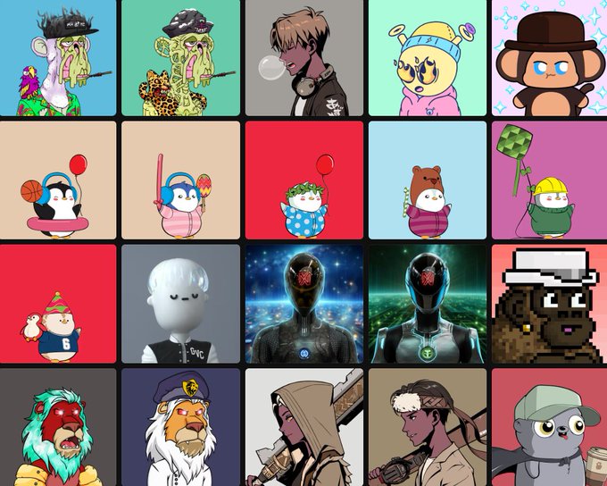 A grid of 20 NFT profile pictures, including Pudgy Penguins, Mutant Apes, Lil Pudgys, and other PFP collections, displayed against colored backgrounds. The image visually represents the poster's growing NFT collection, contrasting their original "consolidated bag of just 1 mutant and a few lil pudgy's" with the much larger and more diverse assortment of collectibles they've acquired by year-end.