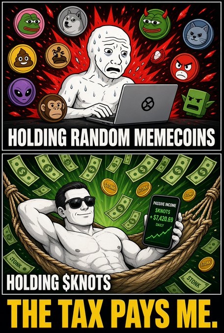 A two-panel meme contrasting 'HOLDING RANDOM MEMECOINS' (top panel showing a sweating, anxious figure at a laptop surrounded by anxious animal tokens) with 'HOLDING $KNOTS' (bottom panel showing a muscular figure relaxing with money and a passive income screen) under the caption 'THE TAX PAYS ME.'