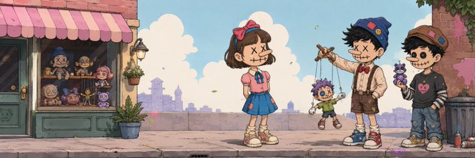 The image features a cartoon-style illustration of three children standing together with their arms around each other, holding up a doll. The background shows a city street scene with buildings and trees. There are also several stuffed animals scattered throughout the image. The caption at the bottom of the image reads "DOLLZ NFT Winners congrat, your wallet will be submitted Check here: docs.google.com/spreadsheets/d …"