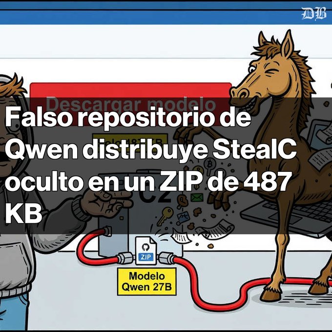 An illustration of a person and a horse with text in Spanish reading "Falso repositorio de Qwen distribuye StealC oculto en un ZIP de 487 KB", referencing a fake Qwen model repository distributing malware.