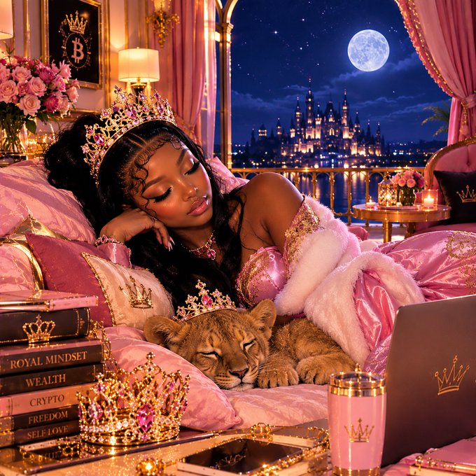 A stylized digital artwork shows a woman wearing a crown and pink dress lying on a luxurious bed with a lion cub, surrounded by books titled 'ROYAL MINDSET', 'WEALTH', 'CRYPTO', 'FREEDOM', and 'SELF LOVE', with a castle visible in the background.