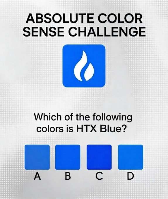 A blue-themed "Absolute Color Sense Challenge" asks viewers to identify HTX Blue from four blue swatches labeled A through D. The post engages users by inviting them to guess the correct color swatch in exchange for a like or follow.