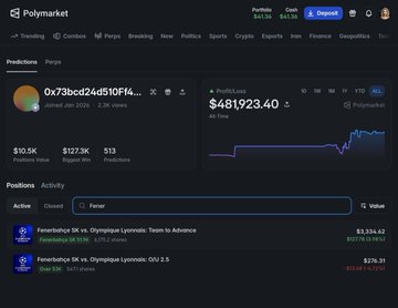 The Polymarket interface displays a position on the token 0x73bcd24d510ff4... with a profit of $481923.40.