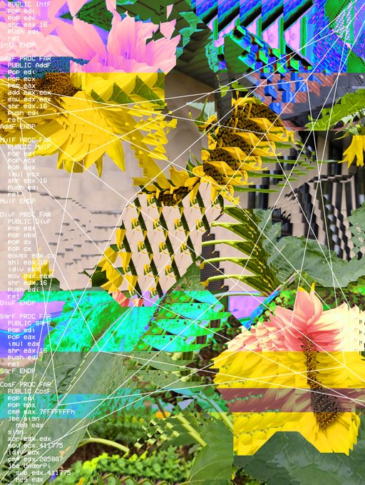 A digital art piece featuring sunflowers and pink flowers with overlaid assembly/machine code text and geometric line patterns in a glitch-art style.