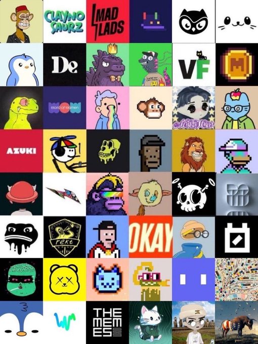 A grid collage featuring 48 colorful NFT-style profile picture options—including a "CLAIMO SAURZ," "MAD LADS," "AZUKI," and "Okay" bear—that the poster is considering purchasing as their new PFP.