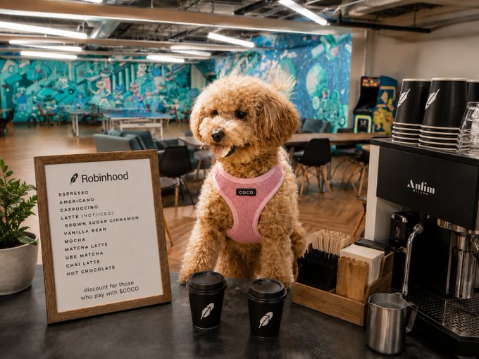 A brown curly-haired dog named Coco wearing a pink harness sits at a coffee bar next to a Robinhood menu listing various drinks and a discount offer "for those who pay with $COCO".