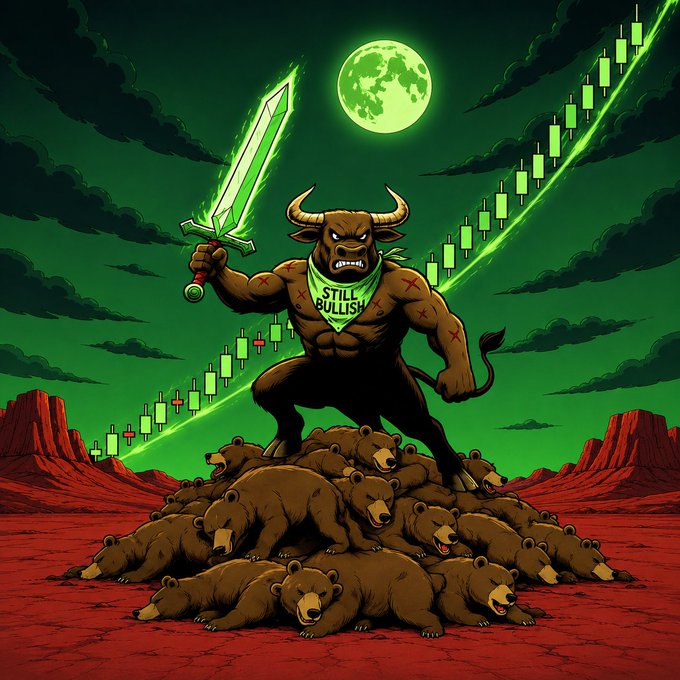 The image features a cartoon illustration of a bull holding a sword, surrounded by numerous bears lying down or sleeping. The bulls' horns are green, while the bears have brown fur. The scene takes place against a dark background with a full moon visible in the top right corner. The caption to the image reads "In a world full of Bears we are the last bull standing $BULL Just getting started CA: 3dmNDj7pZBbnAJmqYEtkxFNxL1UdS5zZCuvzXutupump".