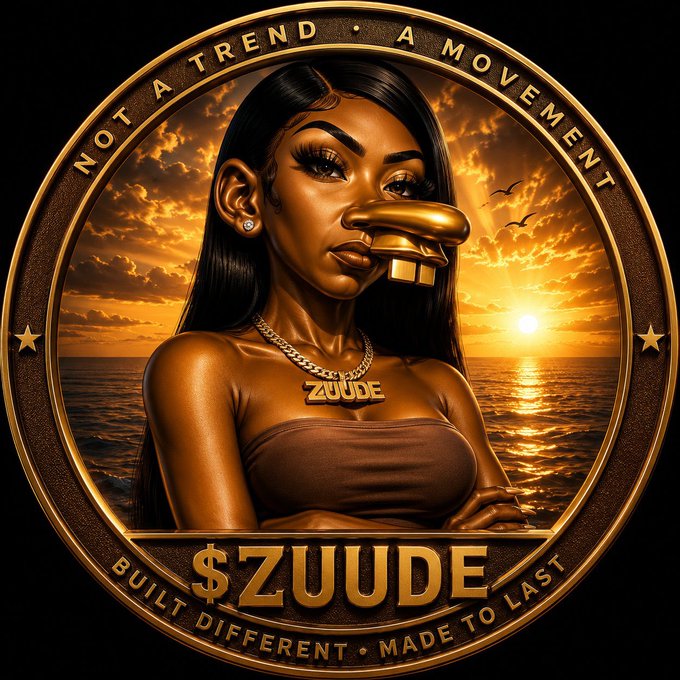 A gold-rimmed circular emblem features an illustration of a woman against a sunset ocean backdrop, bearing the text 'NOT A TREND A MOVEMENT', '$ZUUDE', and 'BUILT DIFFERENT MADE TO LAST'.
