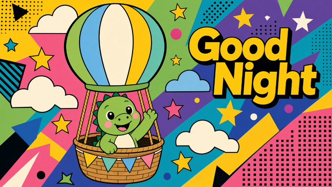 A colorful, retro-style illustration shows a smiling green dinosaur waving from a hot air balloon basket, surrounded by stars, clouds, and the bold text 'Good Night'.
