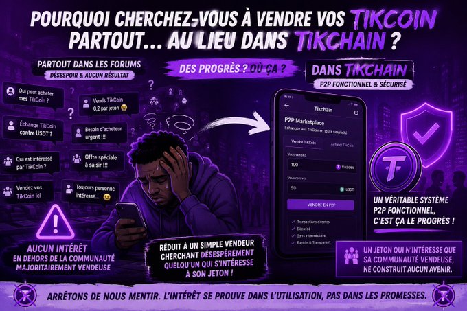 A frustrated man surrounded by endless TikCoin sale forum posts ("Qui veut acheter mes TikCoin," "Échange TikCoin contre USDT") is contrasted with Tikchain's app showing a functional P2P marketplace, critiquing the community's desperation to sell everywhere except through the project's own allegedly advanced P2P system.