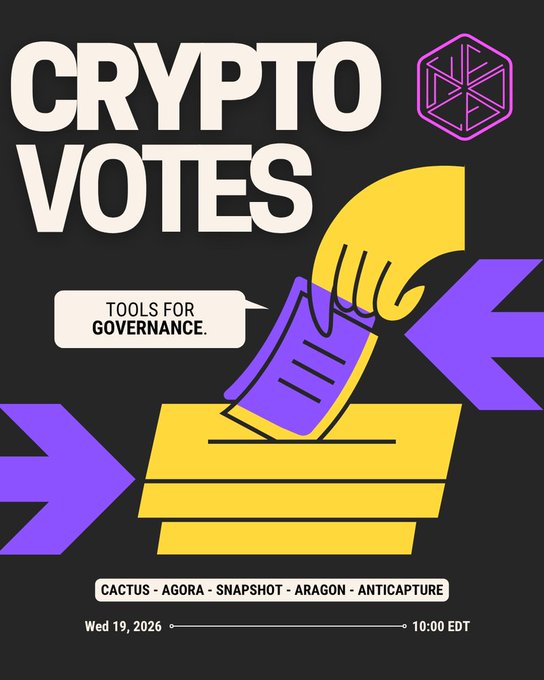 The image is a promotional poster for an X Space titled "Crypto Votes" featuring the tagline "Tools for Governance," with a stylized illustration of a hand depositing a purple ballot into a yellow box. The poster highlights governance platforms Cactus, Agora, Snapshot, Aragon, and Anticapture, scheduled for Wednesday 19, 2026, at 10:00 EDT, directly supporting the post's announcement of a roundtable discussion on the future of DAO governance and voting infrastructure.