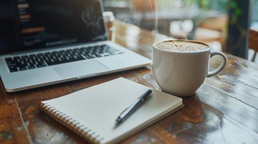 A cozy workspace features a steaming mug of coffee, an open notebook with a pen, and a laptop on a wooden desk.