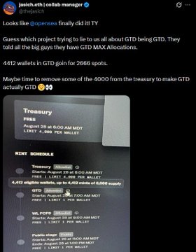 A tweet from a Cash Manager cites Opensea and discusses the GTD token, noting that the project reduced its treasury from 4,000 to 1,600 (a 60% cut) after being caught inflating buy/sell tax on Opensea, and highlights that 4,412 wallets in GTD gained 2,660 spots to qualify for an airdrop.