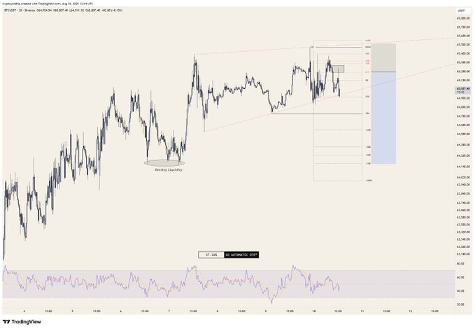 A BTCUSD candlestick chart from TradingView shows Bitcoin consolidating between approximately $65,500 and $69,500 over several days, with a rising wedge/ascending channel pattern marked by red trendlines and a highlighted "Buy Stop Liquidity" zone near the lows. The chart includes a Stochastic RSI indicator at the bottom and a projected price move box on the right, visually supporting the post's view that BTC may dip lower within its current range before a major high.