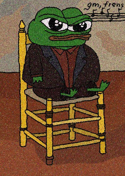 A green Pepe frog dressed in a dark suit sits solemnly on a yellow wooden chair, gazing upward at musical notes with the text "gm, frens" floating above. The melancholic image aligns with the post's "HM" (humorous melancholy) tag, capturing a wistful "good morning" sentiment to friends in the crypto community.