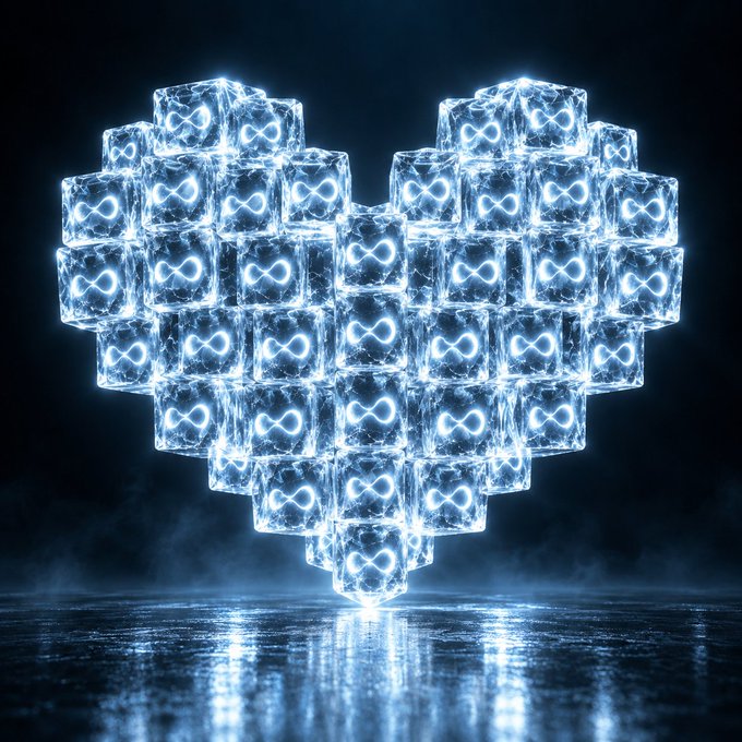 A 3D rendered heart shape composed of glowing blue translucent cubes, each displaying an infinity symbol, set against a dark background with reflective surface below.