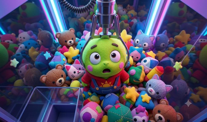 A 3D rendered scene shows a green pear-like character with large eyes being lifted by a claw machine grabber out of a pit filled with colorful plush toys.