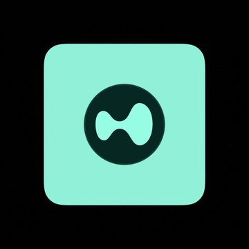 A teal app icon with rounded corners featuring a dark green circular logo with a stylized 'M' shape inside on a black background.
