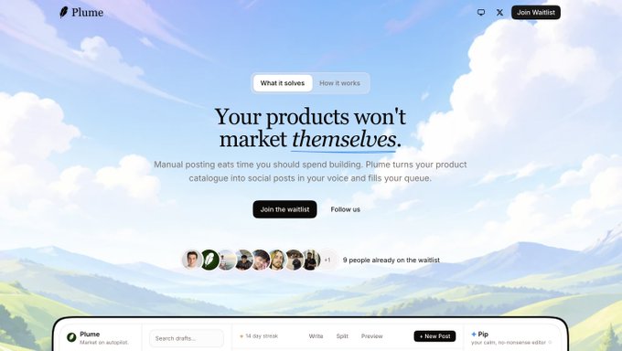 A website landing page for 'Plume' with the headline 'Your products won't market themselves,' describing how it turns product catalogues into social posts, featuring a 'Join the waitlist' button and noting '9 people already on the waitlist'.