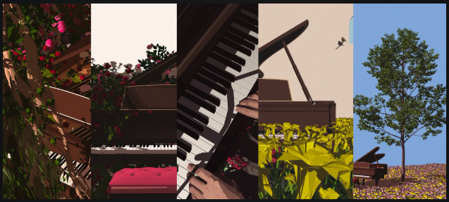 The image displays a five-panel composite artwork featuring piano imagery intertwined with blooming flowers, foliage, and a tree, visually representing the "Crescendo of Petals" collection of five 1/1 NFTs minting at 0.69 ETH. The juxtaposition of piano keys and nature motifs illustrates the artistic fusion central to this auction drop on Transient Labs.