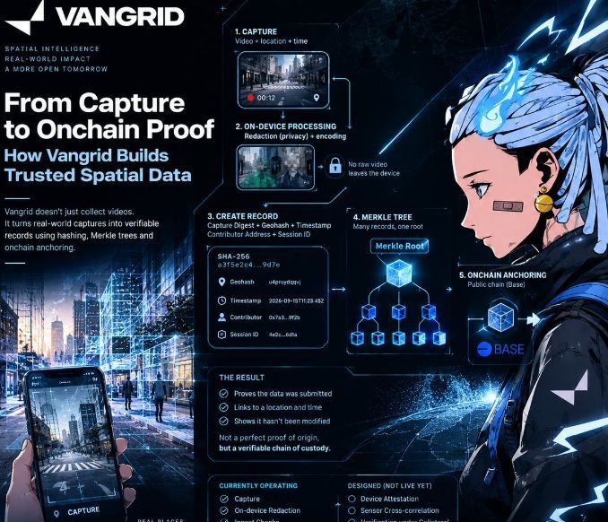 An infographic titled 'VANGRID' titled 'From Capture to Onchain Proof: How Vangrid Builds Trusted Spatial Data' detailing a 5-step process including capture, on-device processing, record creation with SHA-256, Merkle tree, and onchain anchoring on BASE. It includes an anime-style character and a city skyline illustration.