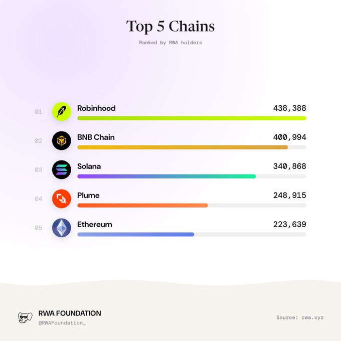 The image displays a "Top 5 Chains" ranked by RWA (Real World Asset) holders infographic, showing Robinhood leading with 438,388 holders, followed by BNB Chain (400,994), Solana (340,868), Plume (248,915), and Ethereum (223,639), each with their respective logo. Sourced from rwa.xyz and presented by the RWA Foundation, the chart visually reinforces the post's point that RWA adoption is growing across multiple blockchain ecosystems, with five chains now exceeding 200,000 holders — demonstrating broad cross-chain distribution rather than dominance by a single network.