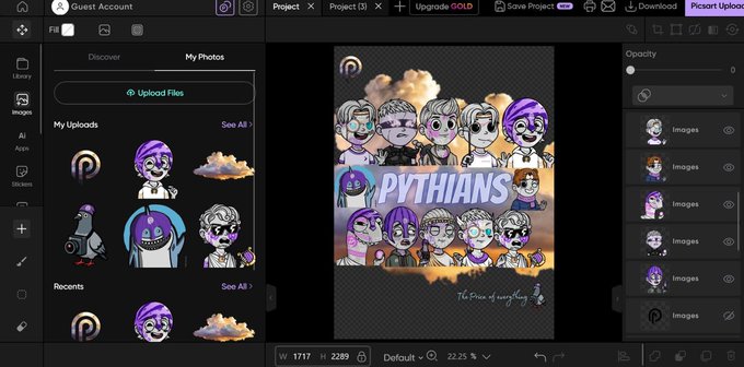A digital photo editing interface displaying a project titled "PYTHIANS" with cartoon-style character stickers featuring various hairstyles and clothing against a cloud background.