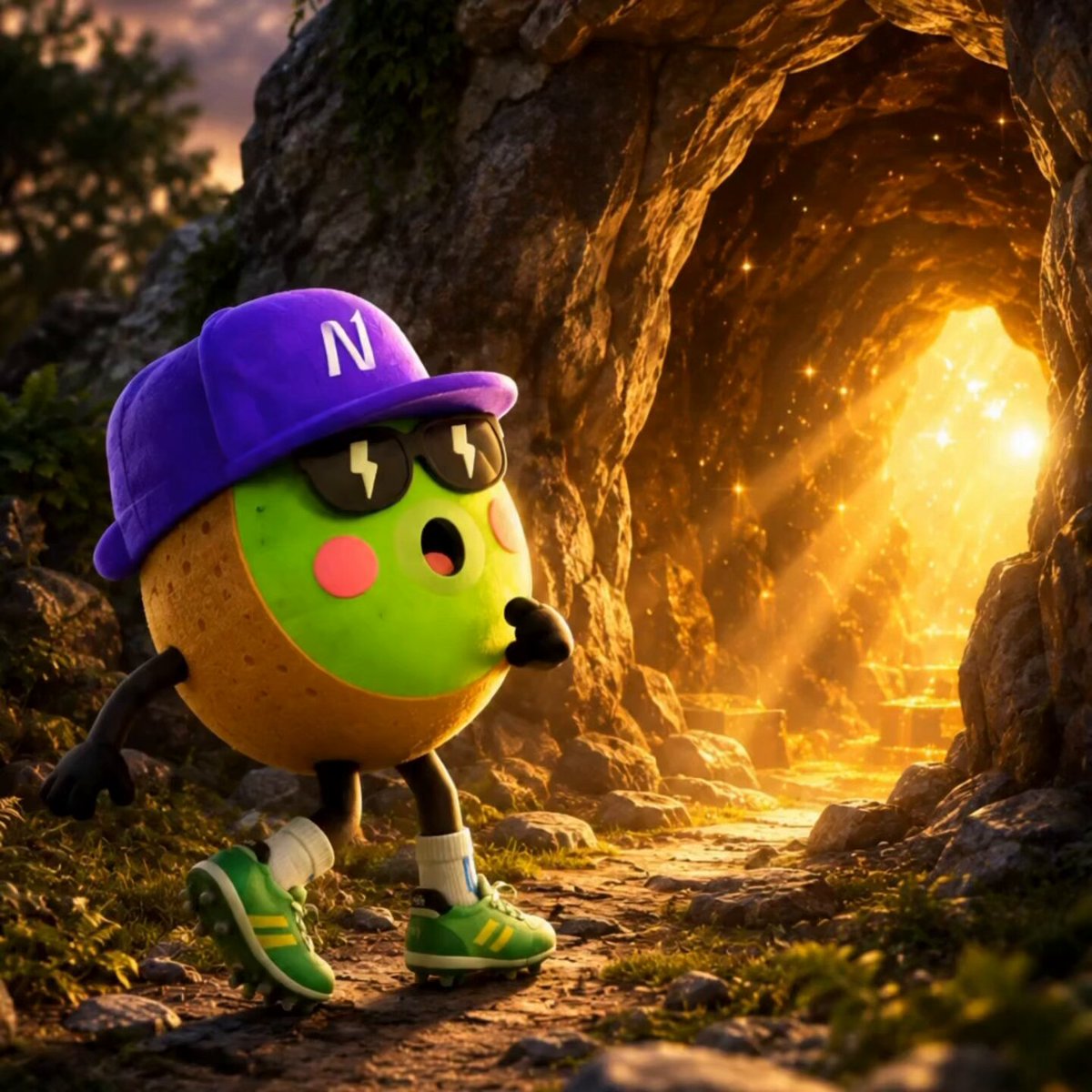 The image features a cartoon character dressed as a runner wearing a purple hat with "N" on it, sunglasses, and green shoes. The character appears to be running or walking along a path surrounded by rocks and trees. The background of the image is filled with sunlight shining through a cave opening, creating an interesting contrast between light and shadow. The post seems to be promoting a fantasy sports game called "The Alpha Summer begins Join @top_nod Million Cup where you can predict, compete, earn and turn every match into an opportunity to grow your PROS rewards throughout the tournament season Score Like a PRO PROS never sleeps!".