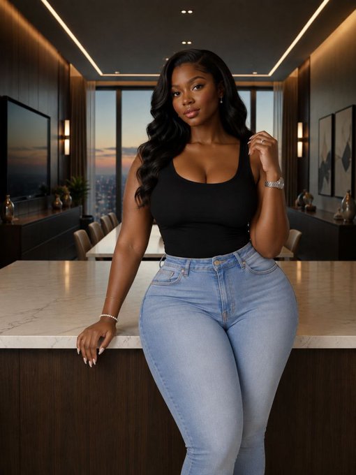 A woman with long dark hair wearing a black tank top and light blue jeans stands leaning against a marble kitchen island in a modern luxury apartment.
