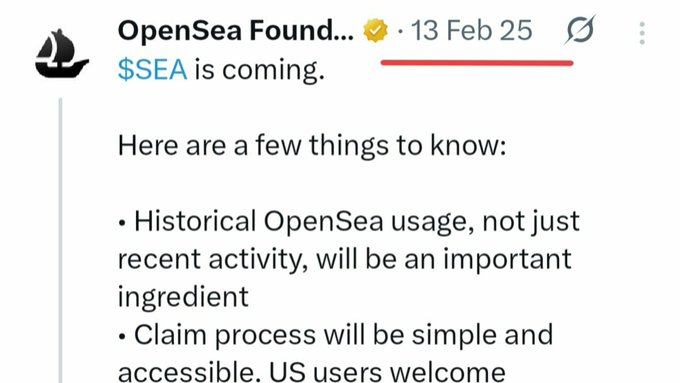 The image shows a tweet from OpenSea Foundation dated February 13, 2025, announcing "$SEA is coming" and highlighting that historical OpenSea usage will factor into the claim process, with US users eligible. The post humorously notes it's been 523 days since this announcement, joking about the delay by saying "Sea has actually lot of water so it's difficult to bring it on."