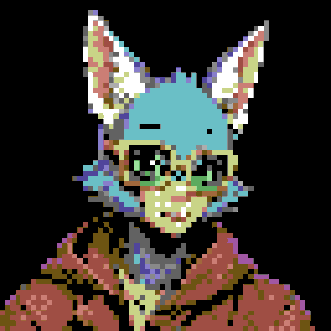 Pixel art style image of an anthropomorphic animal character with pointed ears, wearing pixelated sunglasses and a patterned shirt, set against a black background.