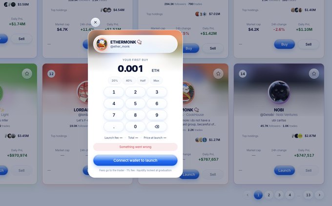 A screenshot of a cryptocurrency trading interface shows a purchase modal for 'ETHERMONK' with a transaction of 0.001 ETH displaying a red 'Something went wrong' error message above the 'Connect wallet to launch' button.