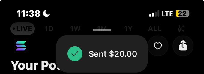 A mobile screenshot at 11:38 showing a confirmation popup overlay on what appears to be a Solana-based app, reading "Sent $20.00," which corresponds to the accompanying message announcing a $20 send. The interface displays LIVE, 1D, 1W, 1M, 1Y, ALL tabs in the background, with 22% battery remaining.