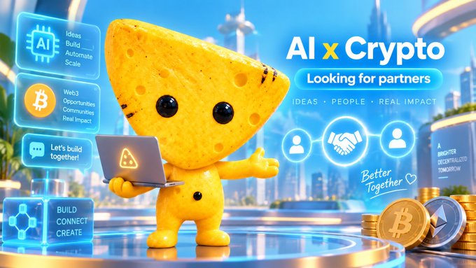 A 3D-rendered yellow cheese-like mascot holds a laptop in front of a futuristic cityscape, surrounded by icons promoting an 'AI x Crypto' partnership with text like 'Ideas Build Automate Scale' and 'Better Together'.