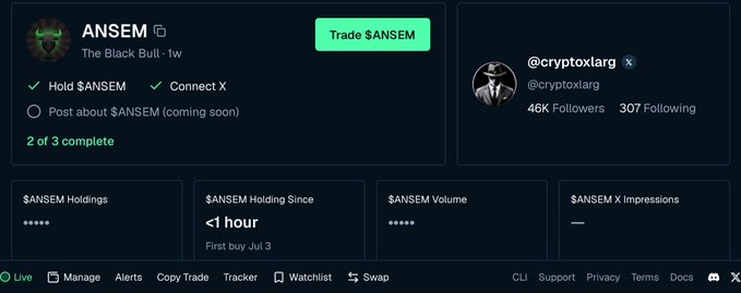 The image displays a portfolio tracking dashboard for $ANSEM, showing that a user (@cryptoxlarg with 46K followers) has completed 2 of 3 tasks (holding $ANSEM and connecting X, with a post coming soon), holds the token since less than 1 hour, and features a "Trade $ANSEM" button. This relates to the accompanying post about qualifying for the $ANSEM and $BULLPEN airdrops through tasks like holding the token and connecting social accounts on BullpenFi.