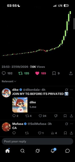 A screenshot of a mobile social media app showing a green trading chart with engagement stats (192 comments, 135 reposts, 189 likes) and posts from users "diike" and "Mufasa" promoting a ticker named "diike."