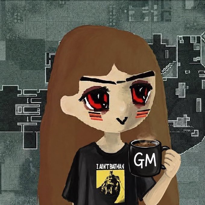 A chibi-style illustration of a girl with large red eyes wearing an "I AIN'T BATMAN" t-shirt, holding a black mug labeled "GM" against a pixelated city background.