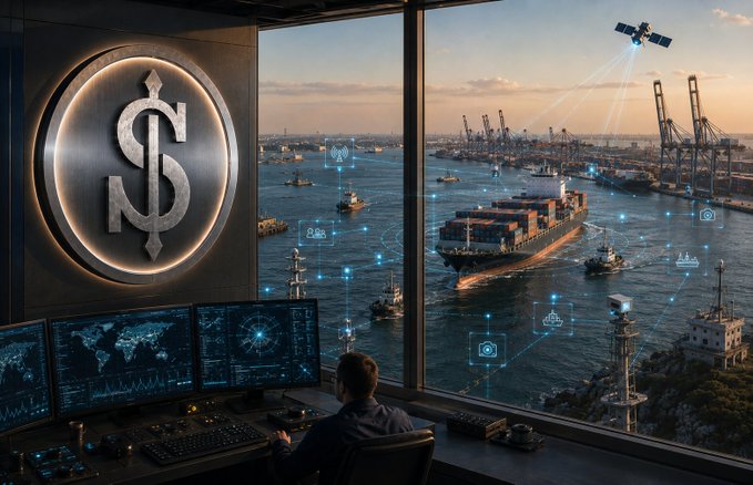 A maritime intelligence analyst monitors shipping data on multiple screens in a control room, with a glowing dollar sign logo on the wall and a satellite tracking vessels at a busy port through the window, visually representing SeaVerity by @EthraShip's AI-driven confidence-scored intelligence system that integrates AIS, port, and vessel data to transform ocean signals into trusted financial insight.