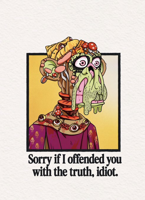 A grotesque illustration shows a melting, zombified creature with bulging eyes, exposed brains, and mushrooms sprouting from its head, wearing a purple robe, with the caption "Sorry if I offended you with the truth, idiot."

The unsettling, irreverent image pairs well with the post's "Kek" reference (a chaotic internet slang term) by reinforcing a tone of meme-driven provocativeness as the user flips a vouch into a 1ETH sale.