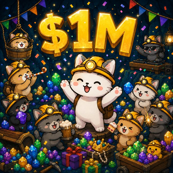 Chibi-style illustration of celebrating cats wearing mining helmets surrounded by colorful gems, treasure chests, and a large '$1M' sign.