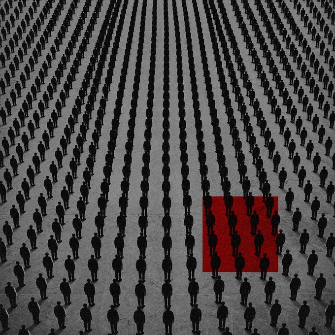 An artistic image showing a large crowd of silhouetted figures arranged in a grid pattern, with one figure highlighted in a red square on the right side, symbolizing individuality or being singled out.