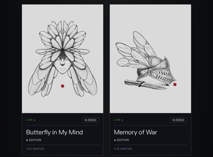 Two digital NFT artworks displayed for sale at 0.005 ETH each: 'Butterfly in My Mind' (1/10 minted) featuring an illustrated face with butterfly wings, and 'Memory of War' (1/15 minted) featuring a knight's helmet with wings.