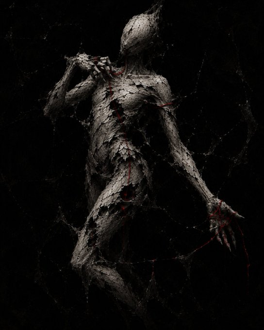 The image features a black and white portrait of a person with red blood dripping from their head. The person appears to be in a state of distress or pain, as if they have been stabbed multiple times. The background is dark and out-of-focus, drawing attention to the figure's face and the red blood dripping down its head. The image does not contain any text, but it seems to be related to an art project or collection named "Red Thread Anatomy".