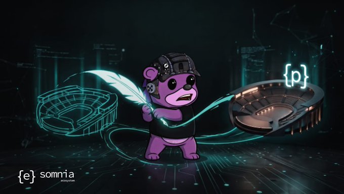 A purple cartoon bear wearing a tactical helmet holds a quill pen, with 'somnia' logo at bottom left, a wireframe stadium on the left, and '[P}]' text next to a 3D stadium on the right.